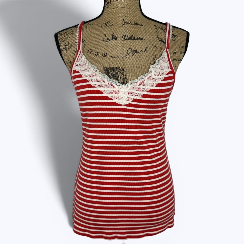 Old Navy Cami Tank Top Red White Striped Lace Trim Retro Y2K Americana Sz L